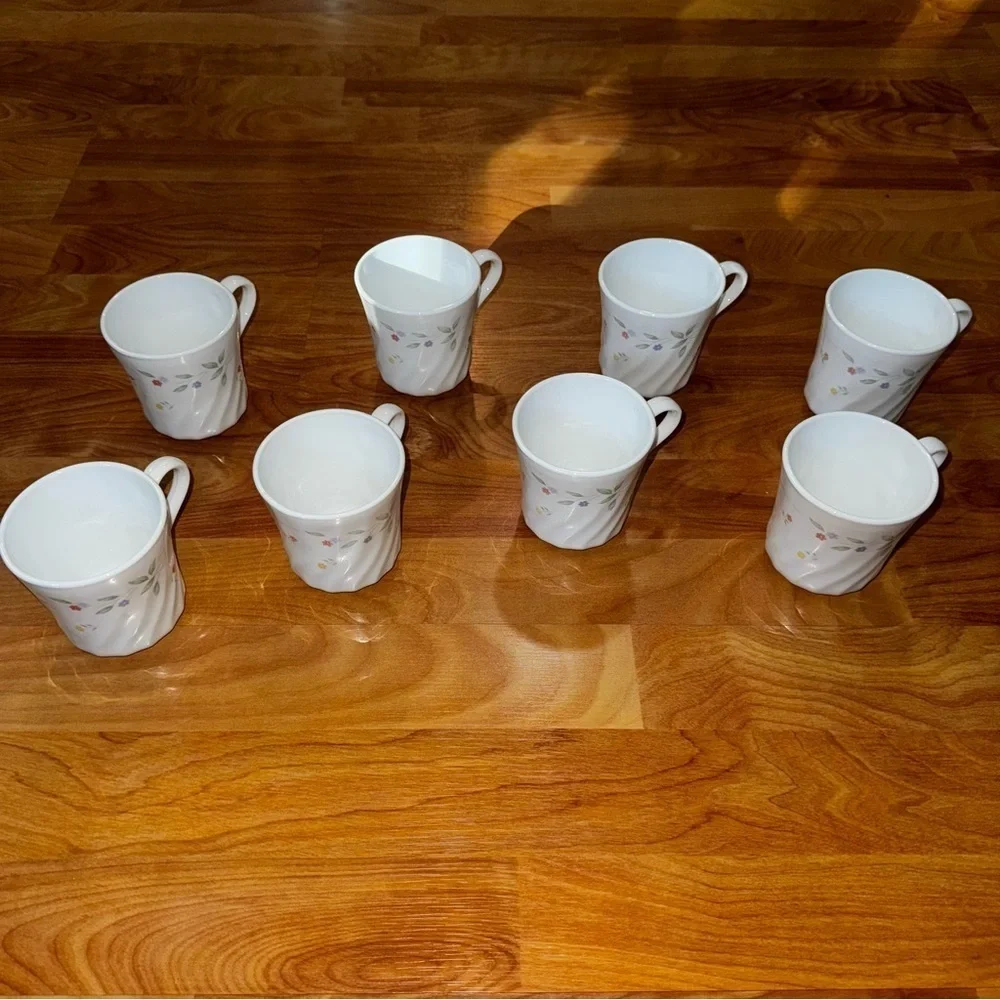 Vtg Corelle Corning English Meadow Set Of 8 Floral Swirl Coffee Mugs/Cups USA